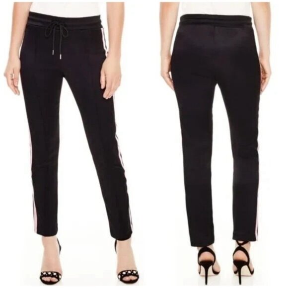 Sandro PARIS Pink Velvet Side Stripe Drawstring Black Track Pants SMALL Size 2 - Picture 1 of 15